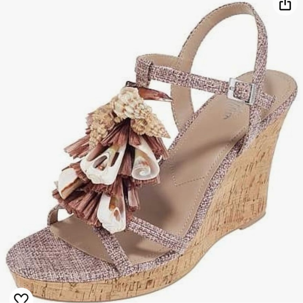 Charles David La Jolla Dark Blush Floral Raffia T-strap  Wedge Platform Sandal